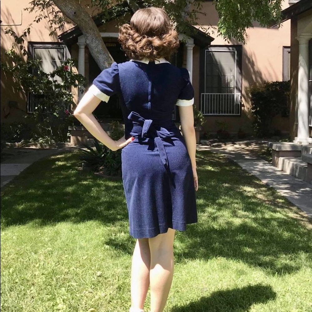 Vintage 1970s does 1930s Navy Fleece Dress XS - Picture 4 of 7